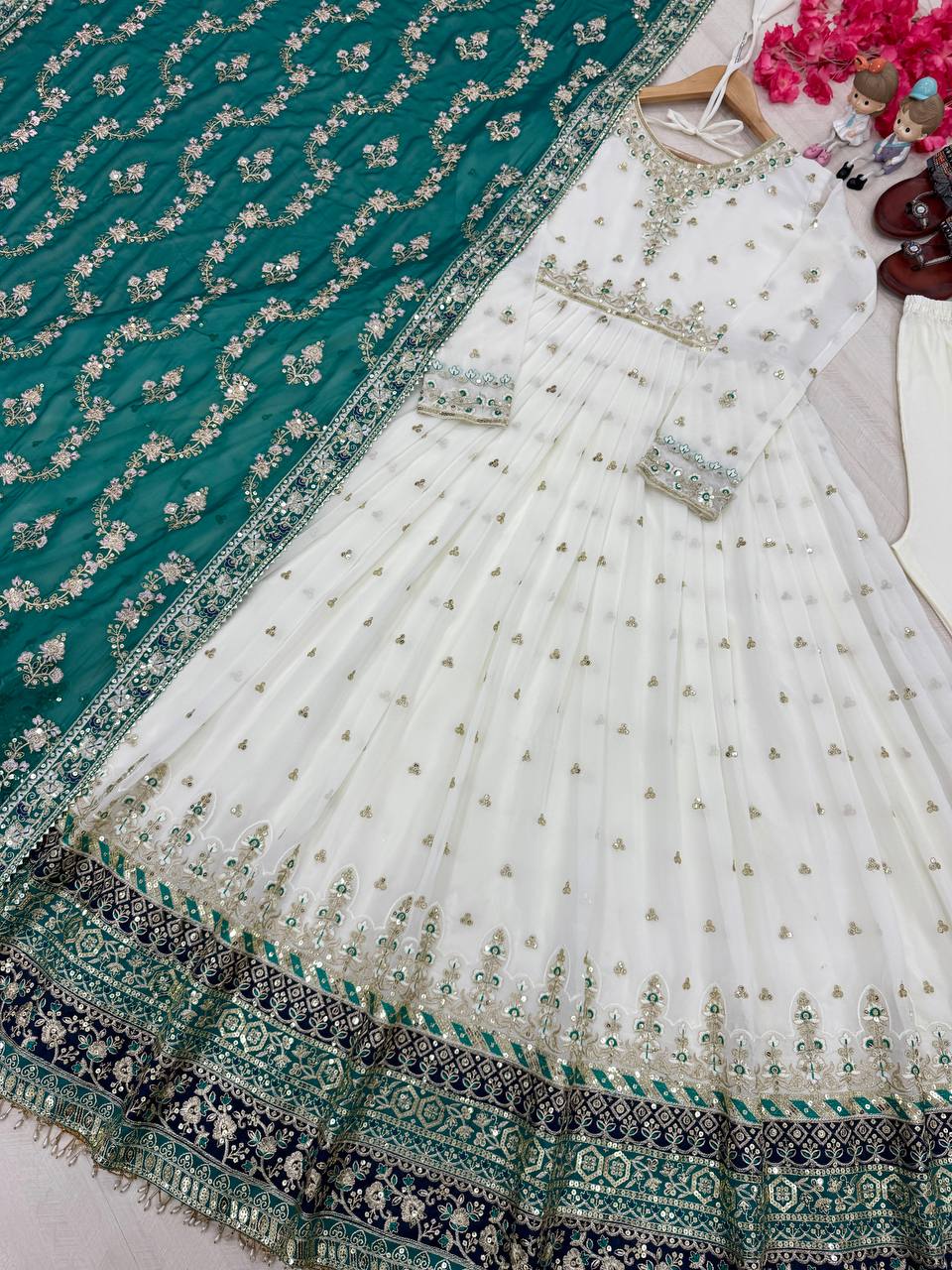 Embellished Fully Stitch Aqua Green Color Heavy Faux Georgette With Embroidery Sequence Work Designer Gown