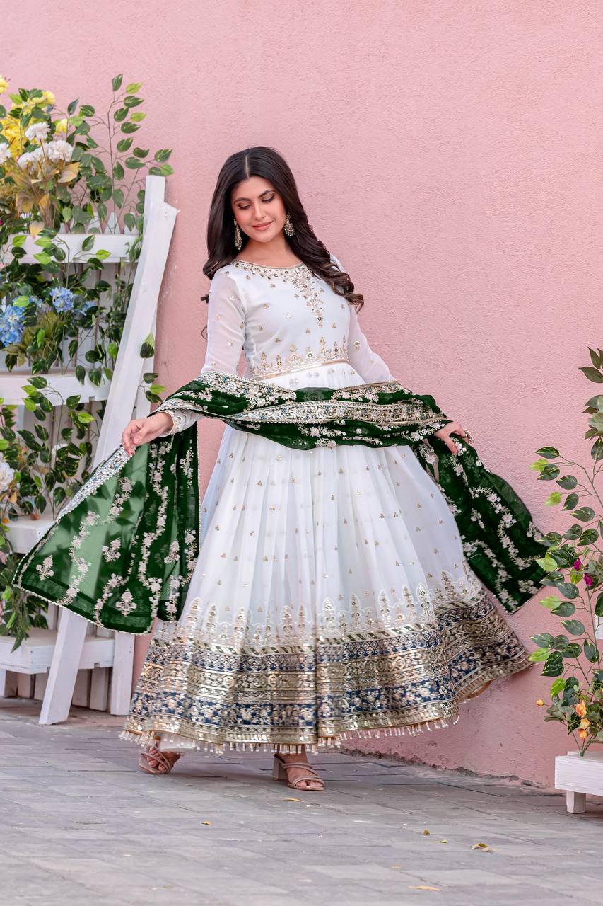 Embellished Fully Stitch Green Color Heavy Faux Georgette With Embroidery Sequence Work Designer Gown