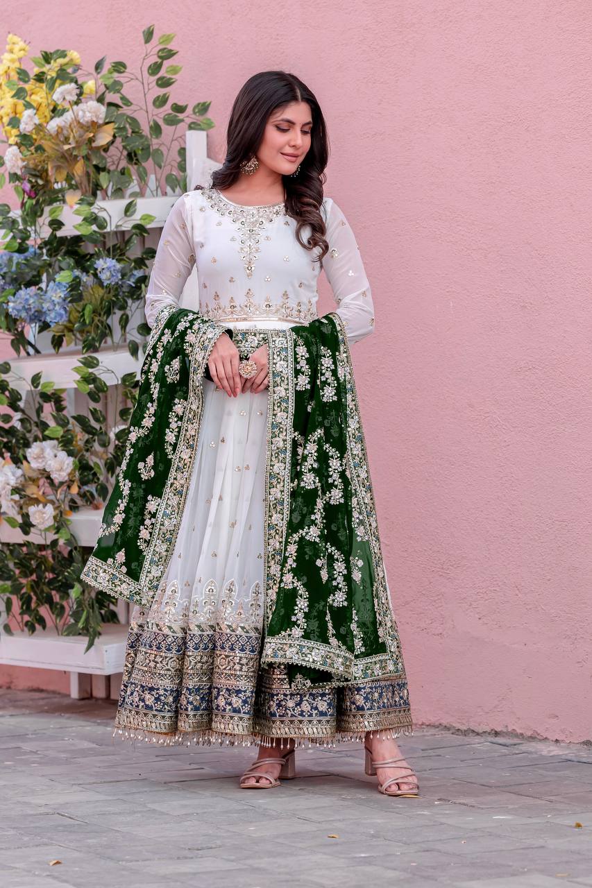 Embellished Fully Stitch Green Color Heavy Faux Georgette With Embroidery Sequence Work Designer Gown