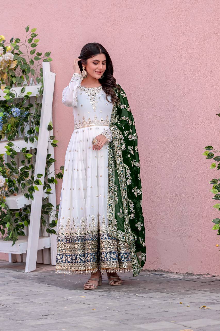 Embellished Fully Stitch Green Color Heavy Faux Georgette With Embroidery Sequence Work Designer Gown