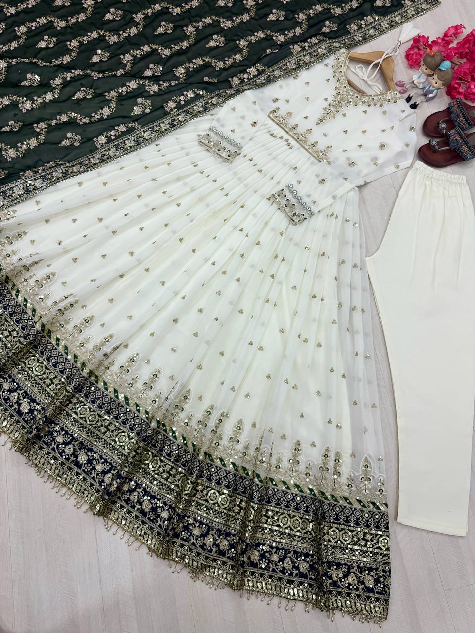 Embellished Fully Stitch Green Color Heavy Faux Georgette With Embroidery Sequence Work Designer Gown