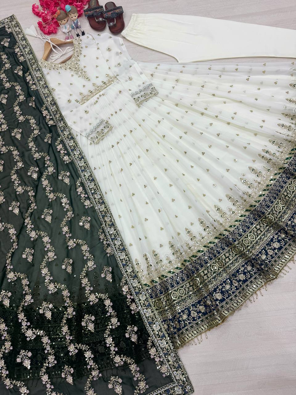 Embellished Fully Stitch Green Color Heavy Faux Georgette With Embroidery Sequence Work Designer Gown