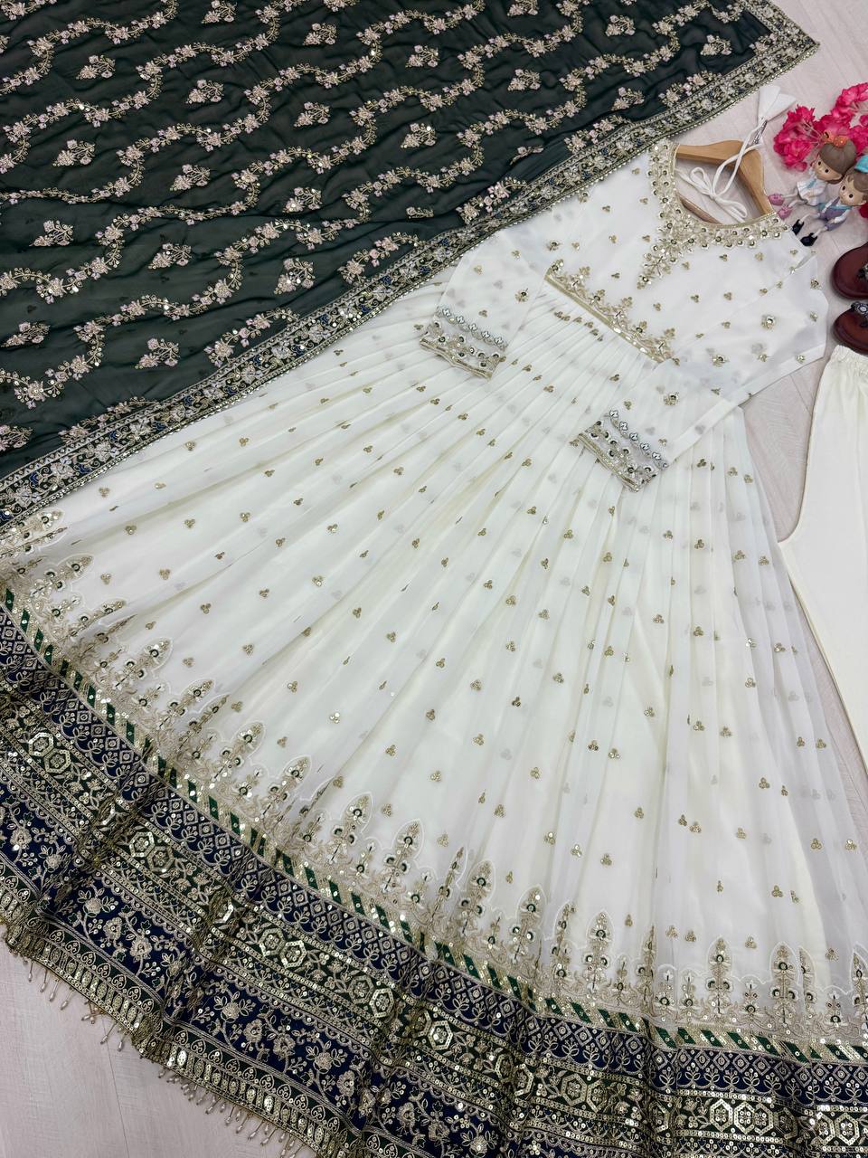 Embellished Fully Stitch Green Color Heavy Faux Georgette With Embroidery Sequence Work Designer Gown