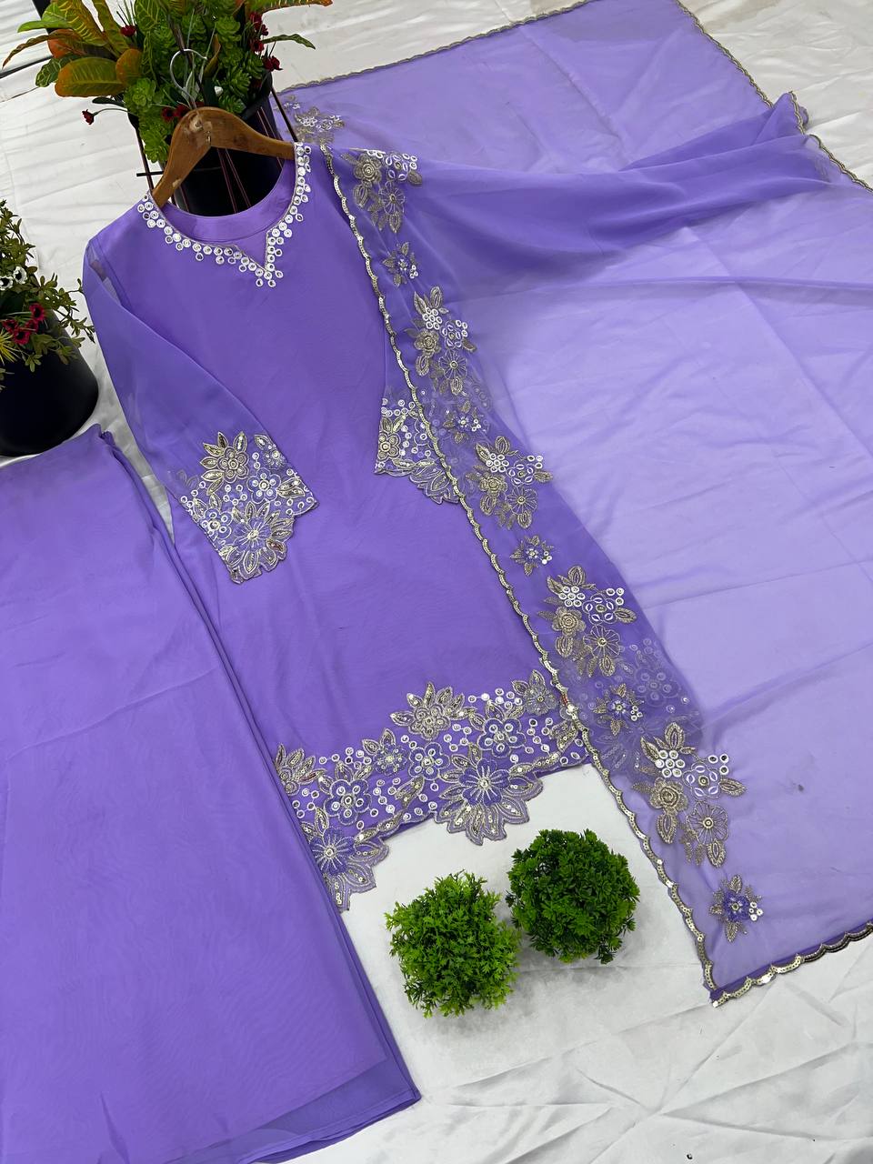 Engagement Wear Purple Color Pure Chinon Silk With Heavy Embroidery Coding Dori Sequence Work