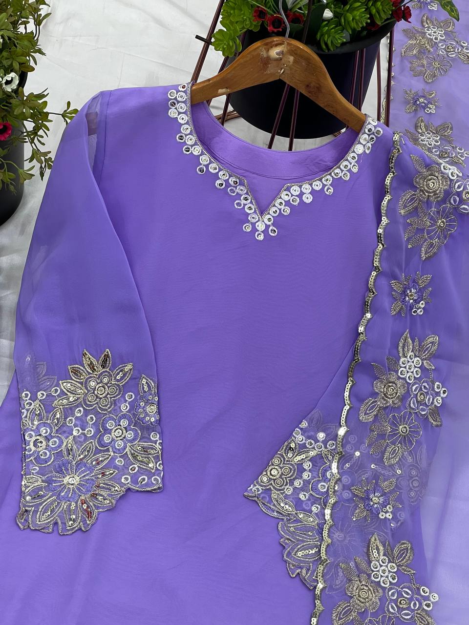Engagement Wear Purple Color Pure Chinon Silk With Heavy Embroidery Coding Dori Sequence Work