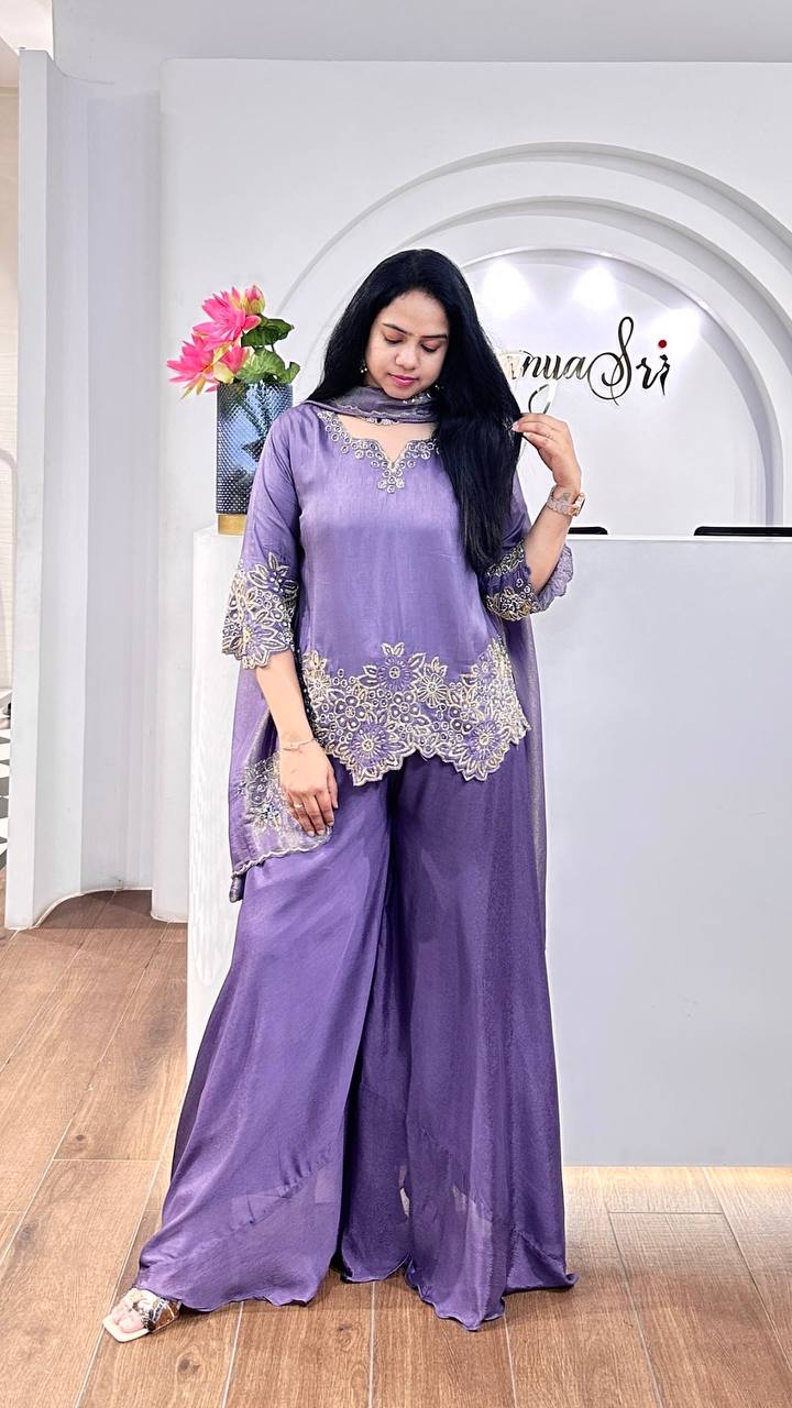 Engagement Wear Purple Color Pure Chinon Silk With Heavy Embroidery Coding Dori Sequence Work
