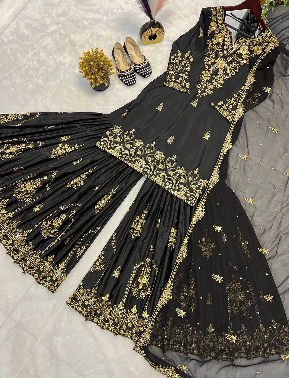 Wedding Wear Black Color Heavy Natural Crepe With Heavy 5mm Embroidery Sequence Work