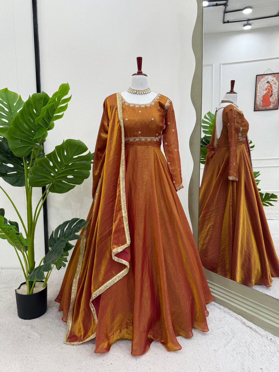 Ceremony Wear Golden Color Fendi Silk Thread And Sequence Designer Gown