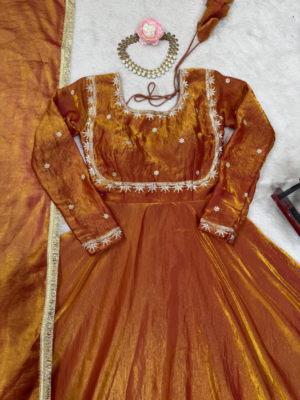 Ceremony Wear Golden Color Fendi Silk Thread And Sequence Designer Gown