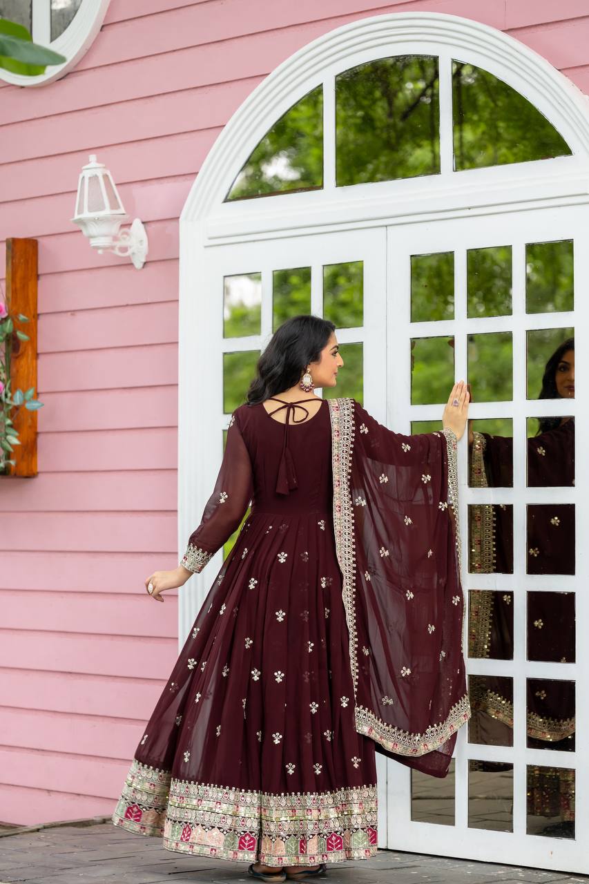Party Wear Brown Color Faux Georgette With Full Heavy Embroidery Sequence Work Gown