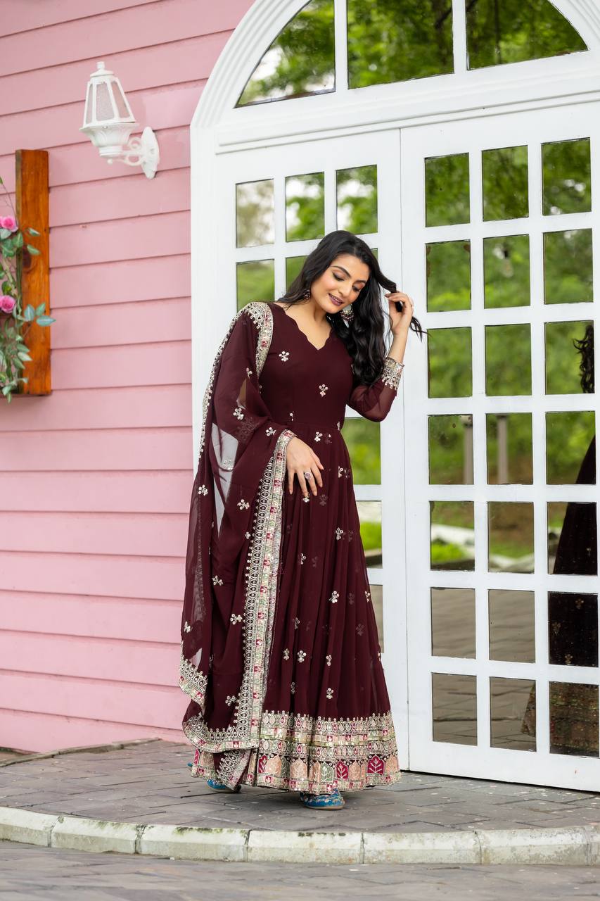 Party Wear Brown Color Faux Georgette With Full Heavy Embroidery Sequence Work Gown