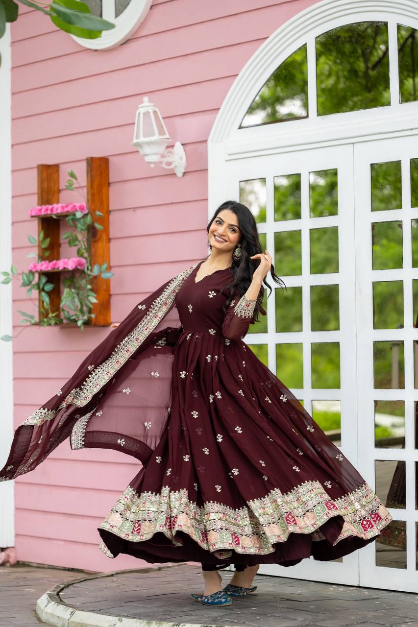 Party Wear Brown Color Faux Georgette With Full Heavy Embroidery Sequence Work Gown