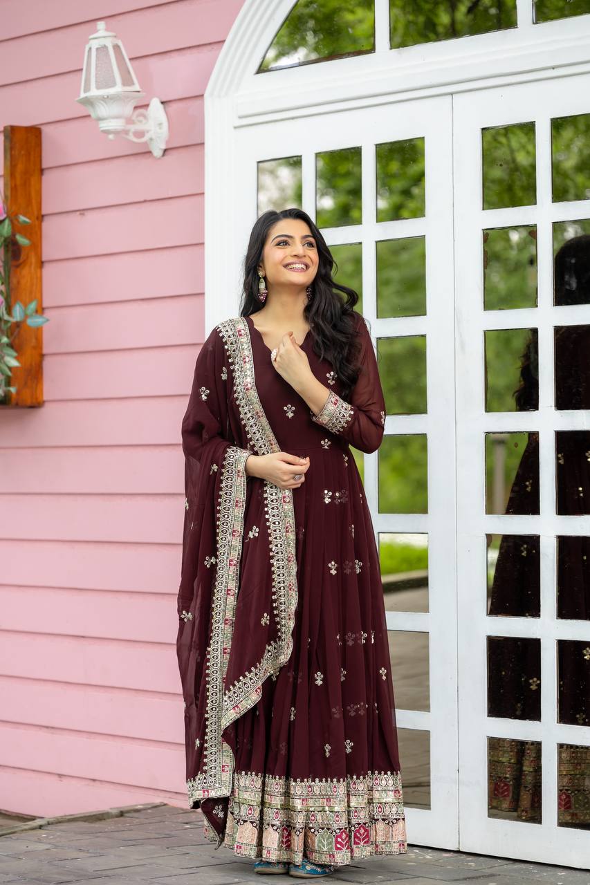 Party Wear Brown Color Faux Georgette With Full Heavy Embroidery Sequence Work Gown