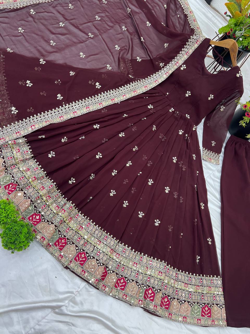 Party Wear Brown Color Faux Georgette With Full Heavy Embroidery Sequence Work Gown
