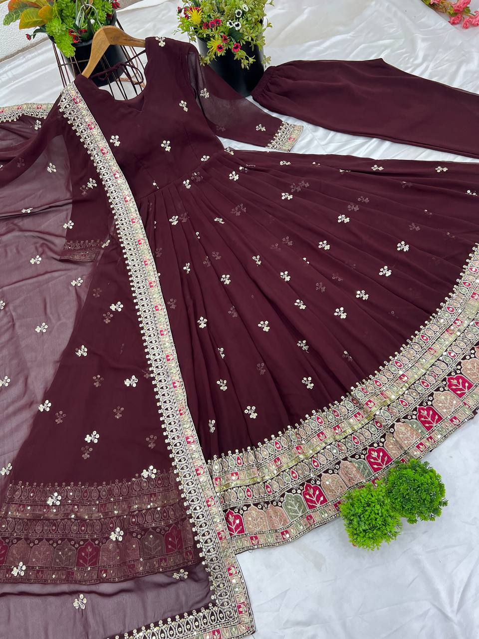 Party Wear Brown Color Faux Georgette With Full Heavy Embroidery Sequence Work Gown