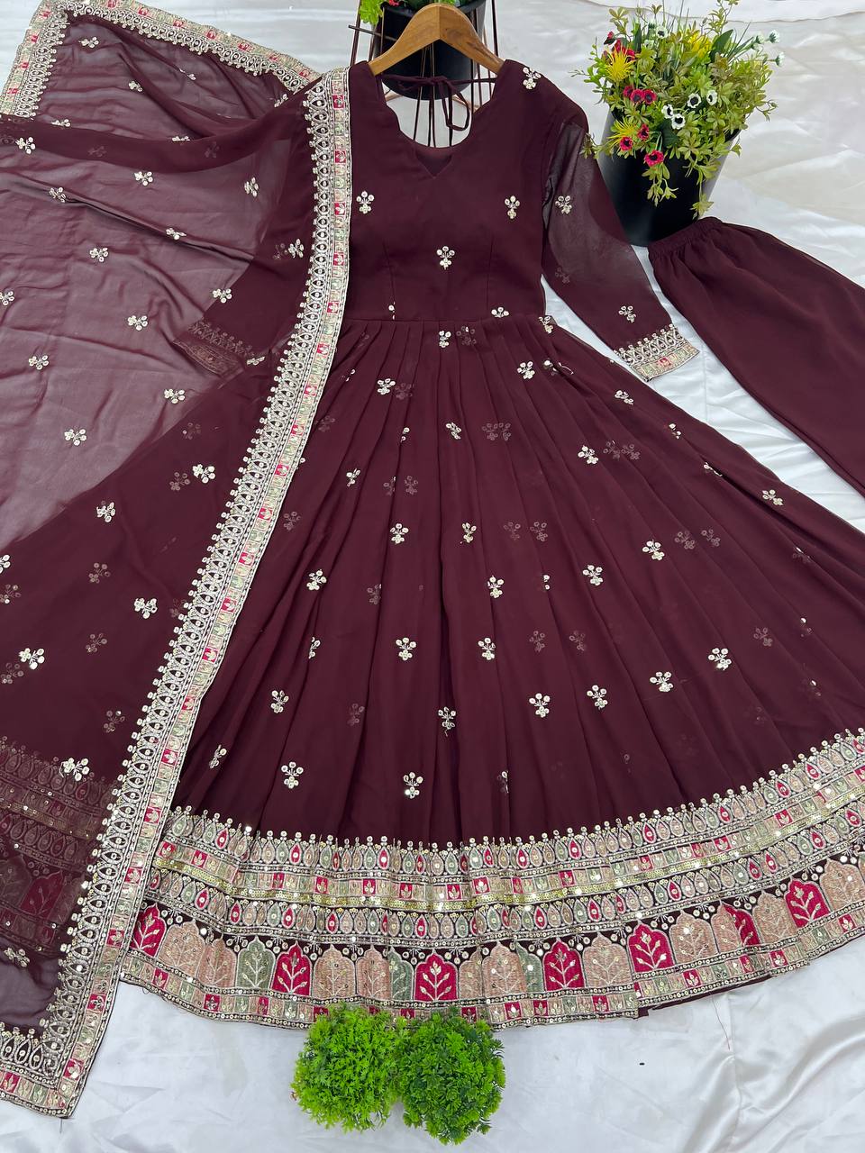Party Wear Brown Color Faux Georgette With Full Heavy Embroidery Sequence Work Gown