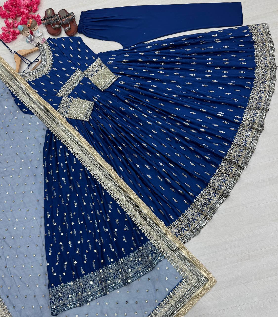 Dazzling Blue Color Heavy Pure Chinon Silk With Embroidery Sequence Work Gown