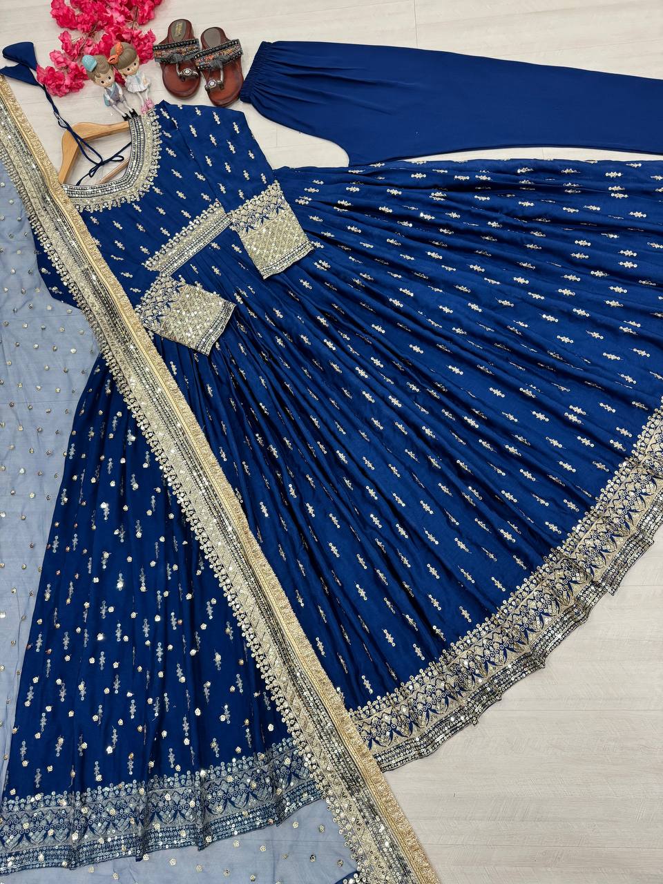 Dazzling Blue Color Heavy Pure Chinon Silk With Embroidery Sequence Work Gown