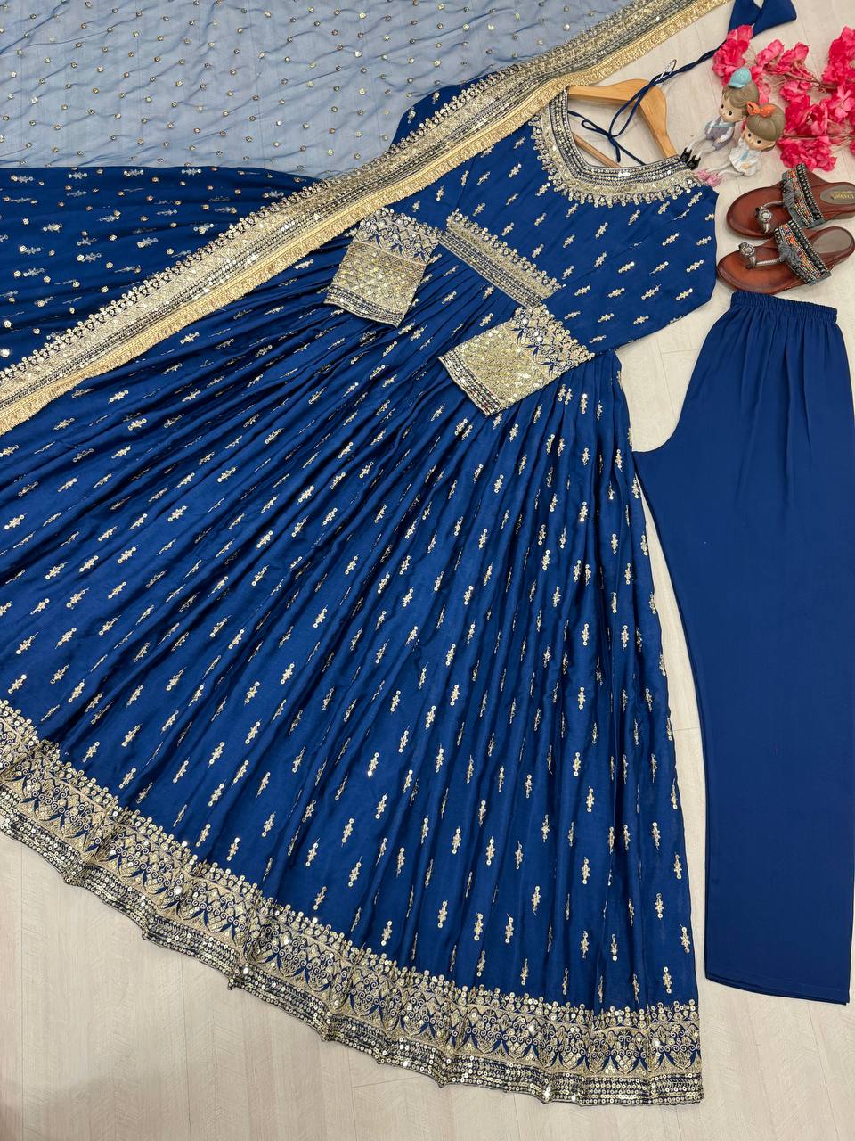 Dazzling Blue Color Heavy Pure Chinon Silk With Embroidery Sequence Work Gown