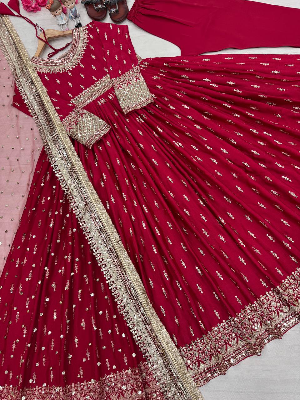 Dazzling Maroon Color Heavy Pure Chinon Silk With Embroidery Sequence Work Gown