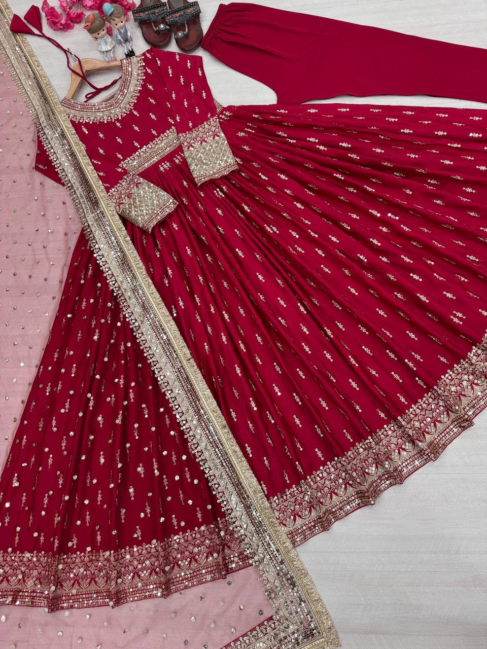 Dazzling Maroon Color Heavy Pure Chinon Silk With Embroidery Sequence Work Gown