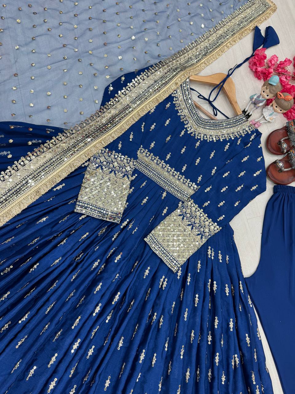 Dazzling Blue Color Heavy Pure Chinon Silk With Embroidery Sequence Work Gown