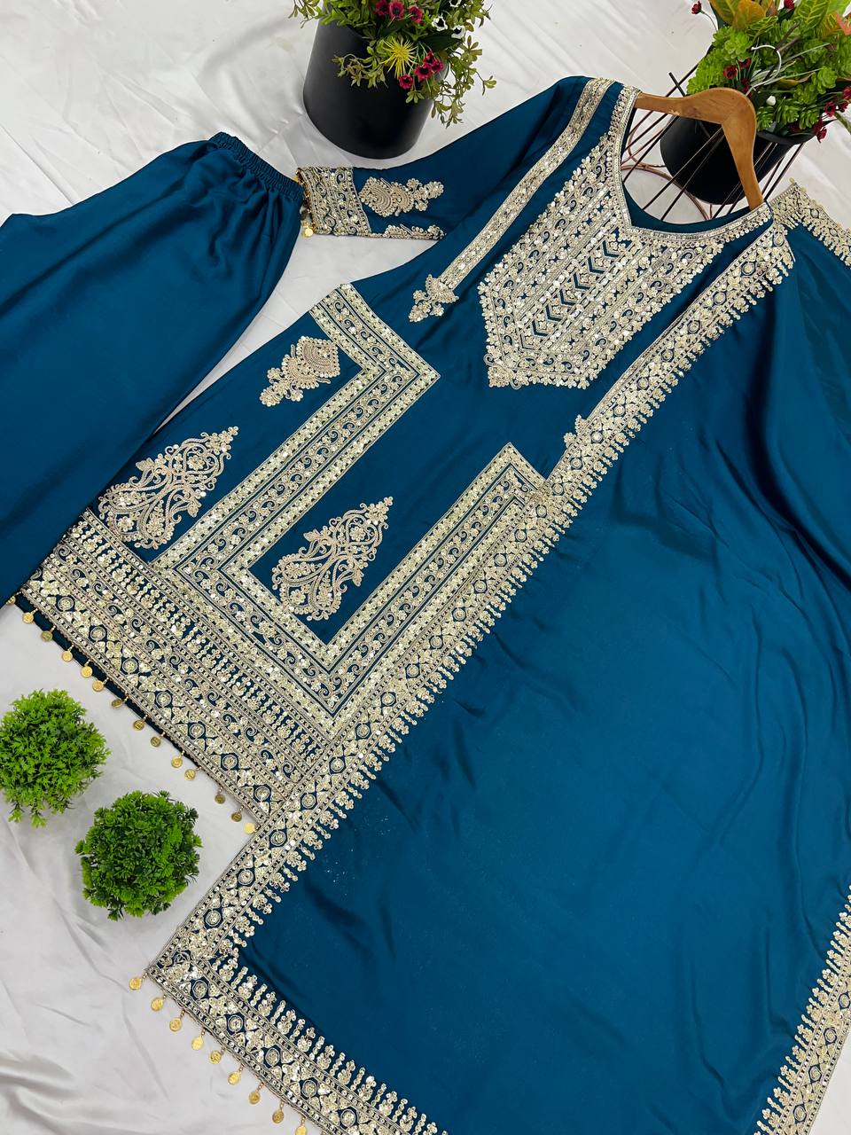Fantastic Blue Color Pure Chinon Silk With Heavy Embroidery Coding Dori Sequence Work Palazzo Suit