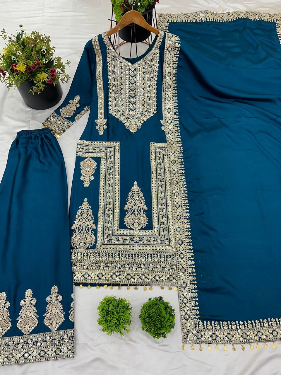 Fantastic Blue Color Pure Chinon Silk With Heavy Embroidery Coding Dori Sequence Work Palazzo Suit