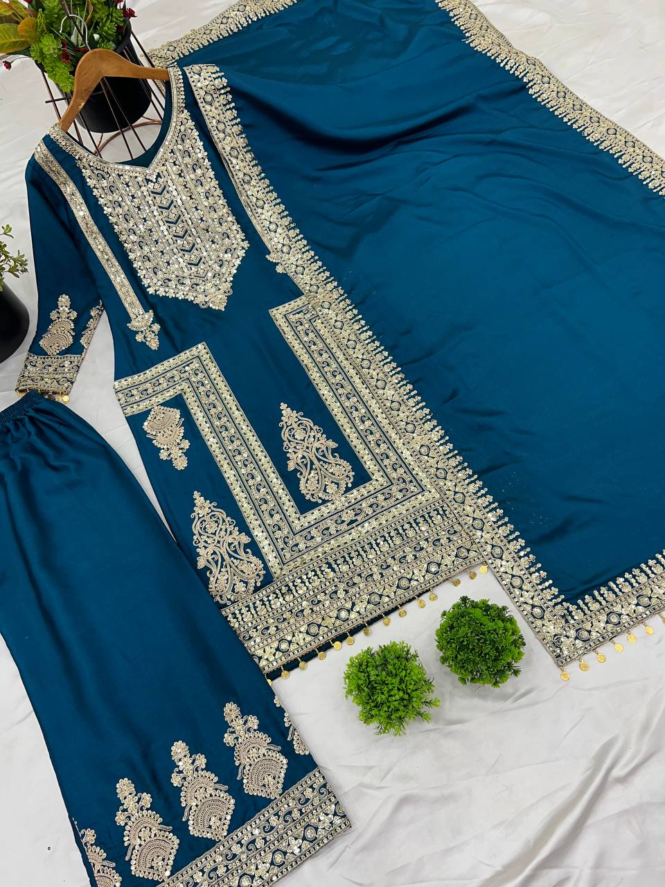Fantastic Blue Color Pure Chinon Silk With Heavy Embroidery Coding Dori Sequence Work Palazzo Suit