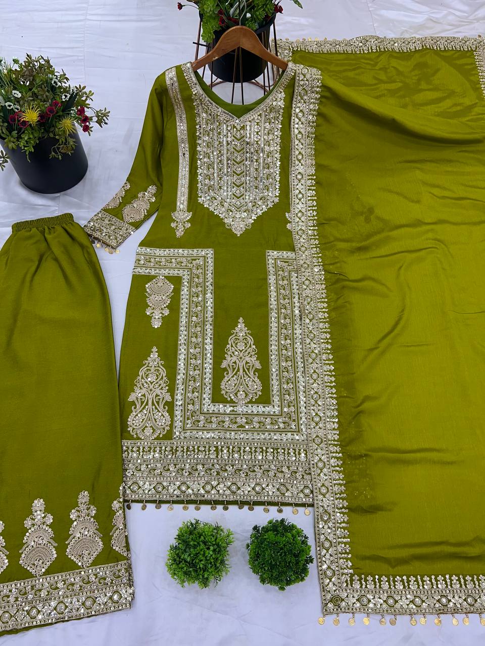 Fantastic Green Color Pure Chinon Silk With Heavy Embroidery Coding Dori Sequence Work Palazzo Suit