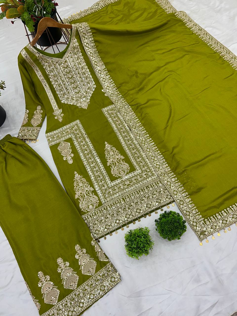 Fantastic Green Color Pure Chinon Silk With Heavy Embroidery Coding Dori Sequence Work Palazzo Suit