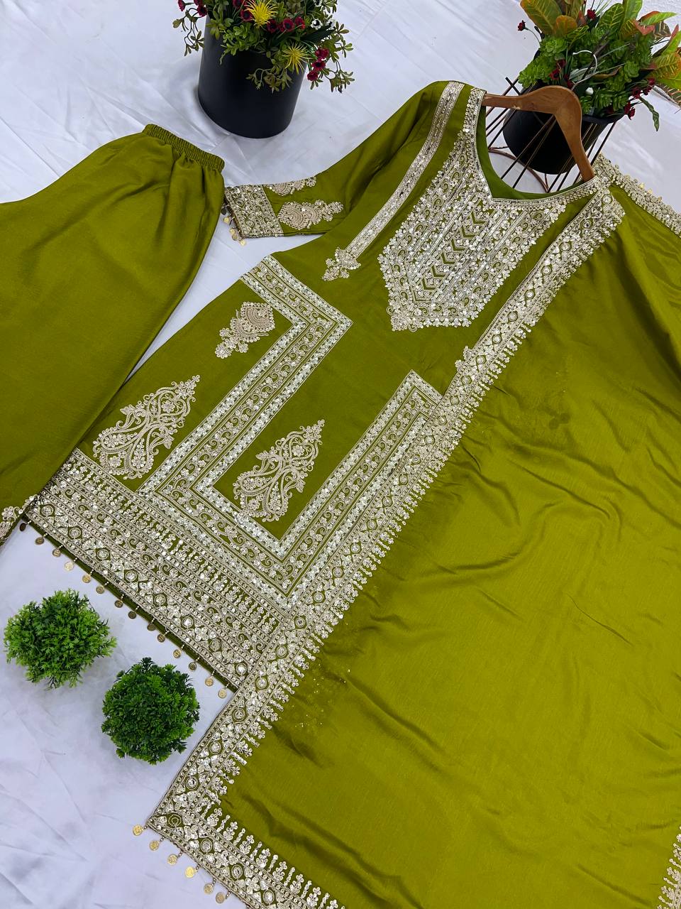 Fantastic Green Color Pure Chinon Silk With Heavy Embroidery Coding Dori Sequence Work Palazzo Suit