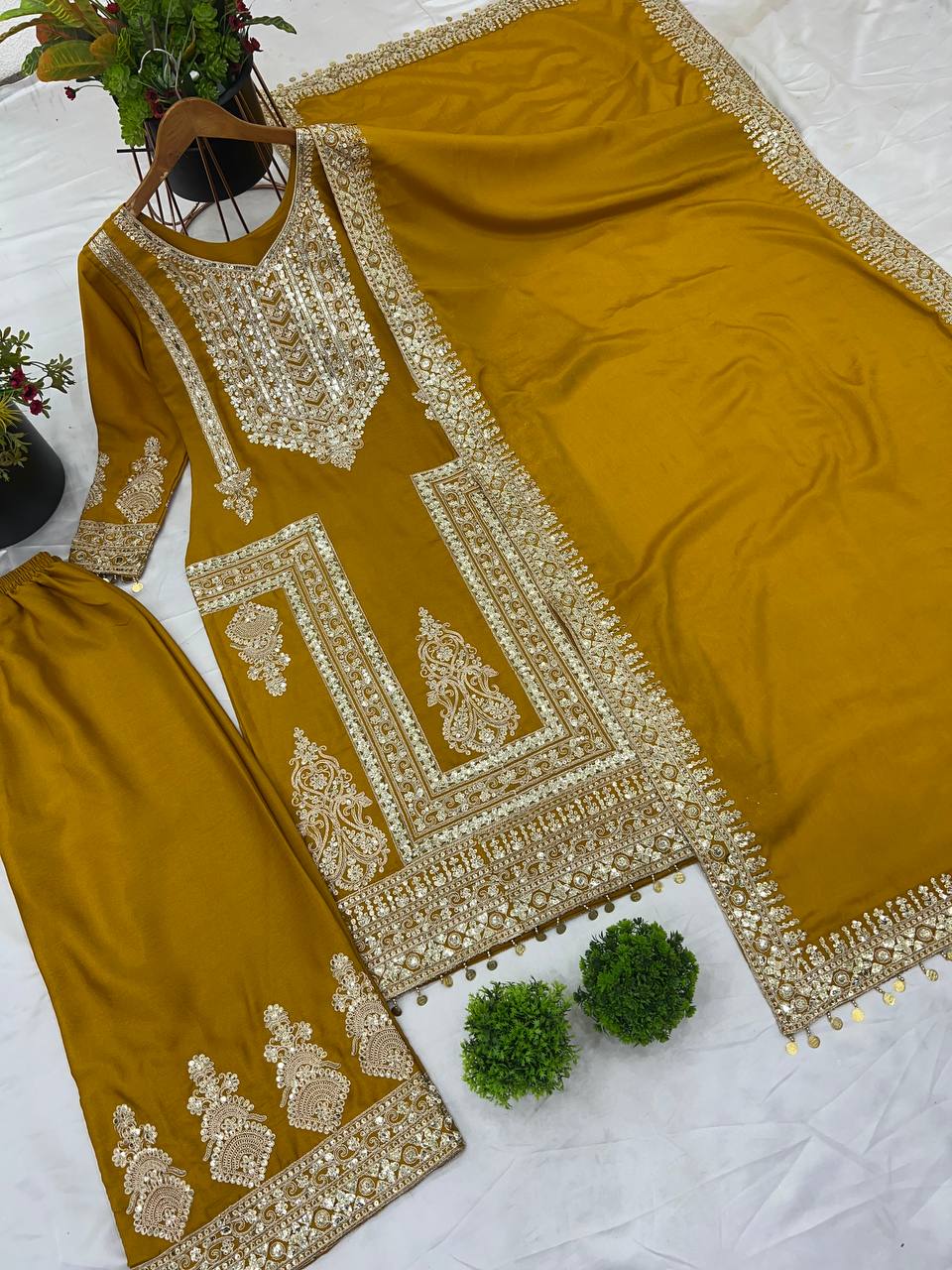 Fantastic Mustard Color Pure Chinon Silk With Heavy Embroidery Coding Dori Sequence Work Palazzo Suit