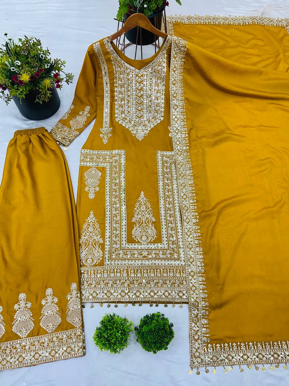 Fantastic Mustard Color Pure Chinon Silk With Heavy Embroidery Coding Dori Sequence Work Palazzo Suit