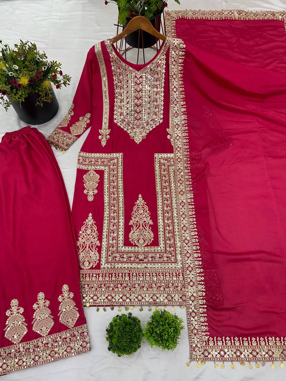 Fantastic Pink Color Pure Chinon Silk With Heavy Embroidery Coding Dori Sequence Work Palazzo Suit