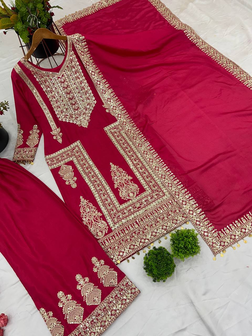 Fantastic Pink Color Pure Chinon Silk With Heavy Embroidery Coding Dori Sequence Work Palazzo Suit