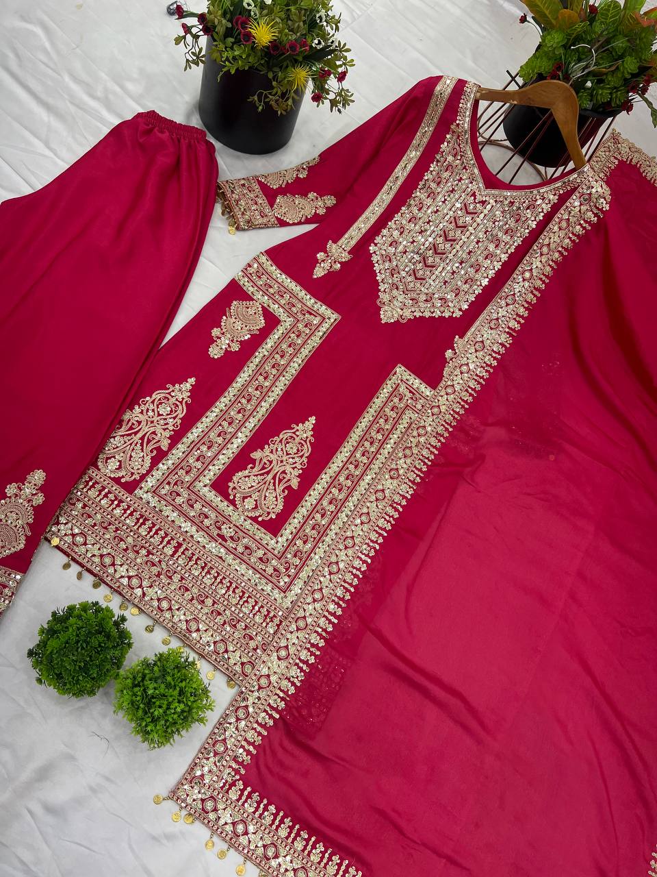 Fantastic Pink Color Pure Chinon Silk With Heavy Embroidery Coding Dori Sequence Work Palazzo Suit