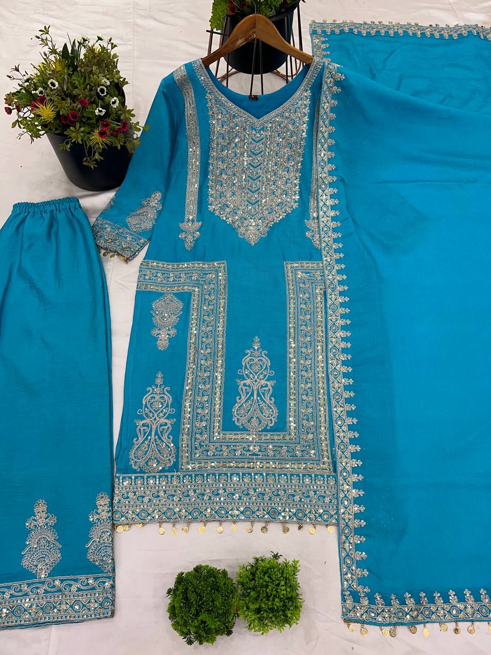 Fantastic Sky Color Pure Chinon Silk With Heavy Embroidery Coding Dori Sequence Work Palazzo Suit