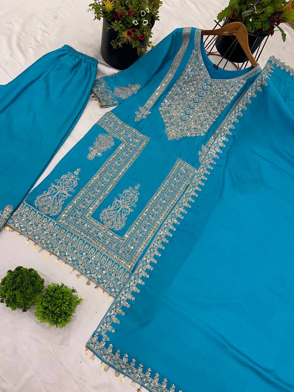 Fantastic Sky Color Pure Chinon Silk With Heavy Embroidery Coding Dori Sequence Work Palazzo Suit