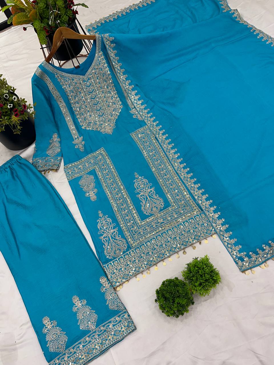 Fantastic Sky Color Pure Chinon Silk With Heavy Embroidery Coding Dori Sequence Work Palazzo Suit