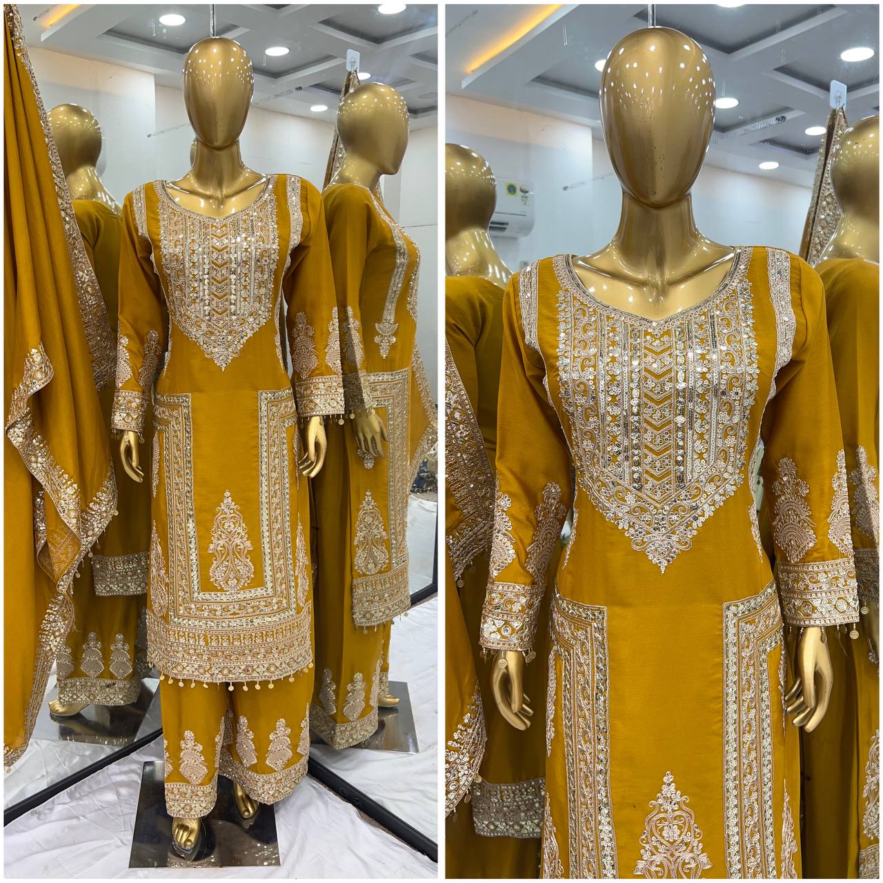 Fantastic Mustard Color Pure Chinon Silk With Heavy Embroidery Coding Dori Sequence Work Palazzo Suit