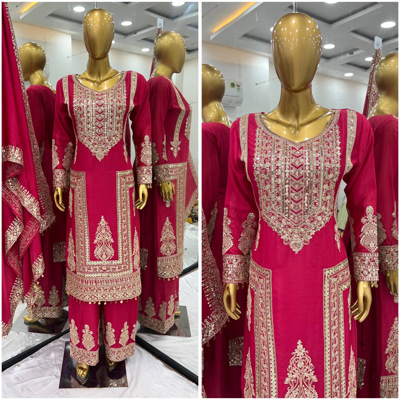 Fantastic Pink Color Pure Chinon Silk With Heavy Embroidery Coding Dori Sequence Work Palazzo Suit