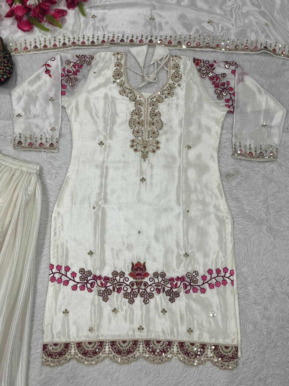 Peaceful Off White Color Chinon Silk Heavy Embroidery Work Palazzo Suit