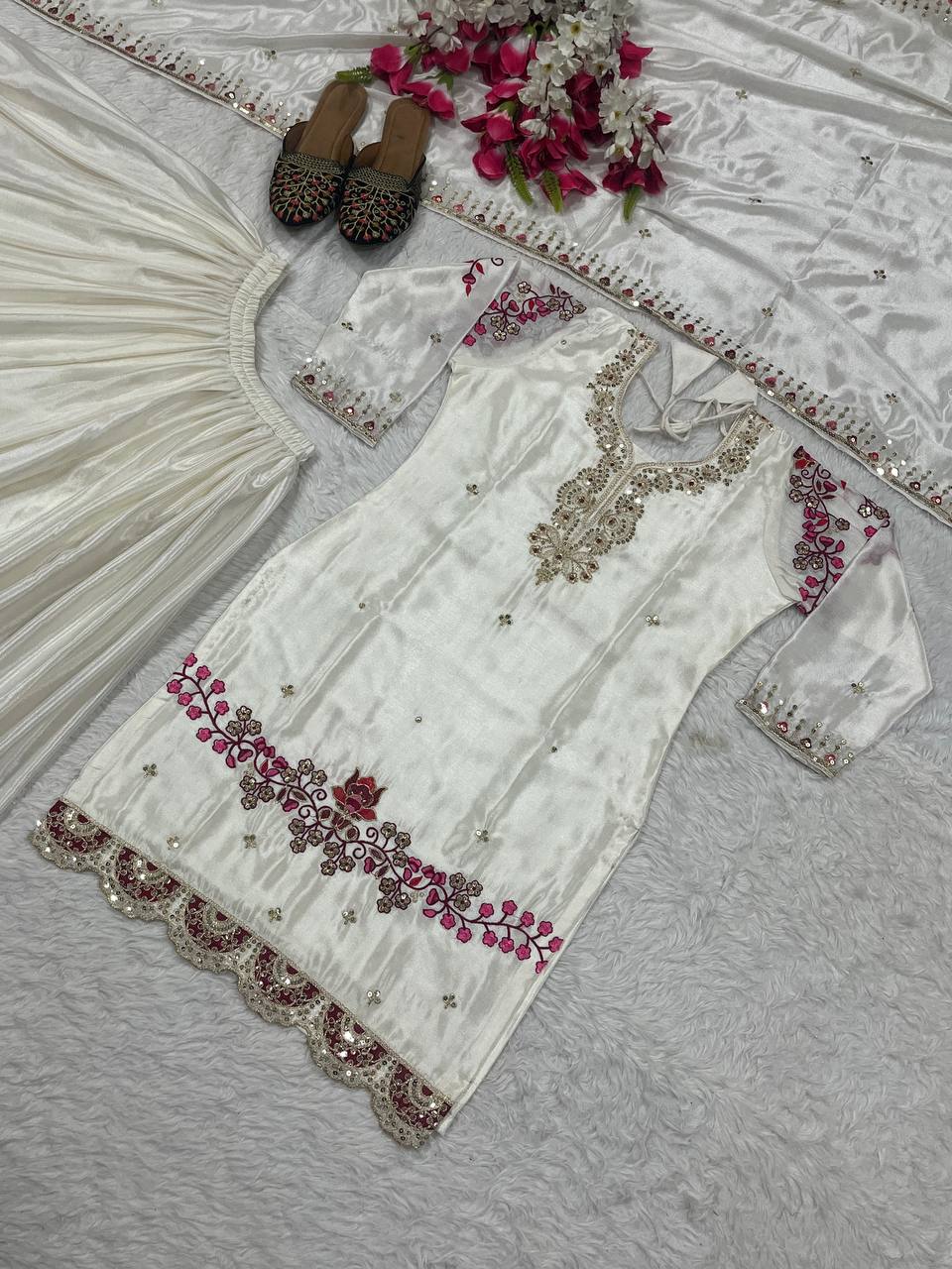 Peaceful Off White Color Chinon Silk Heavy Embroidery Work Palazzo Suit