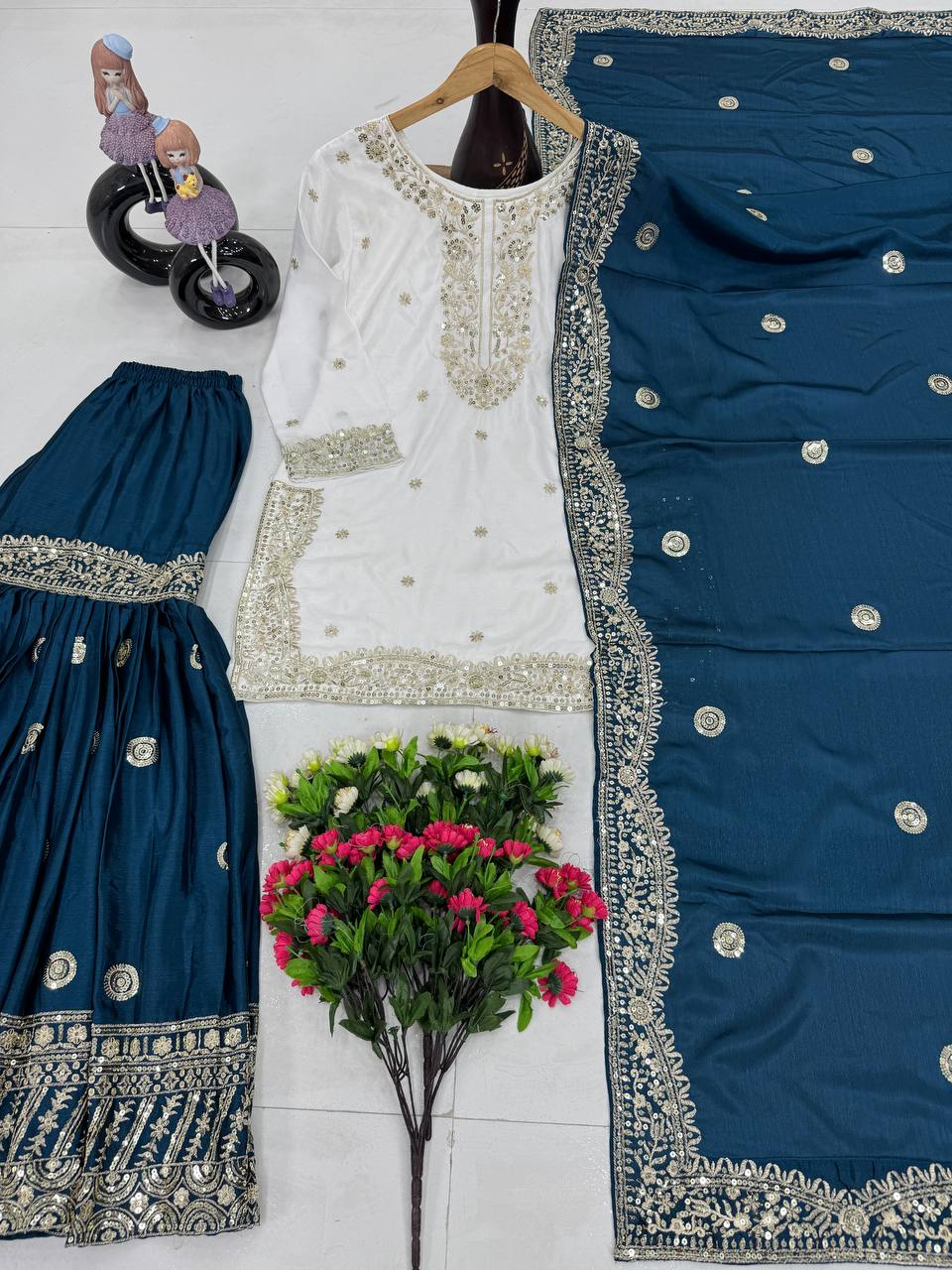 Ceremony Wear Teal Color Heavy Chinon With Embroidered Sequence Work Designer Sharara Suit