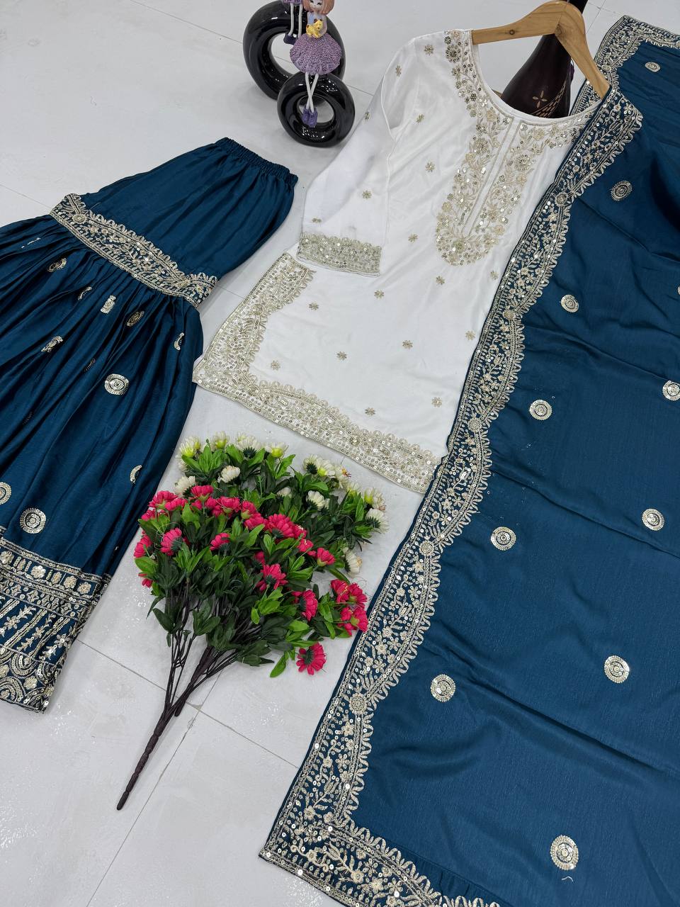 Ceremony Wear Teal Color Heavy Chinon With Embroidered Sequence Work Designer Sharara Suit