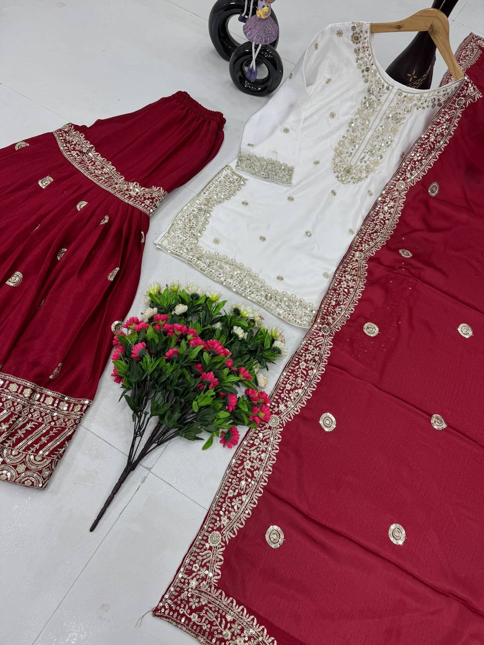 Occassion Wear Maroon Color Heavy Chinon With Embroidered Sequence Work Designer Sharara Suit