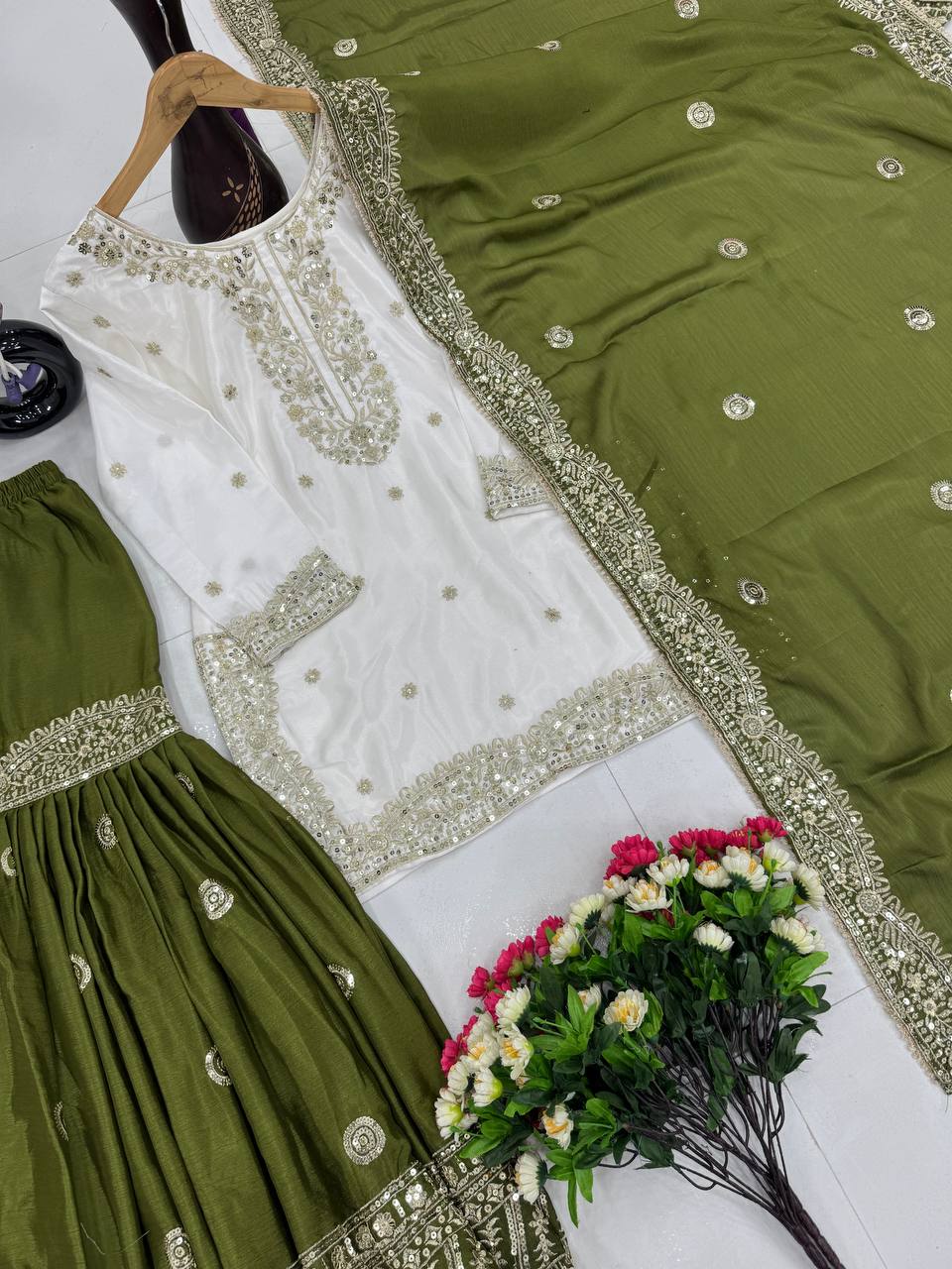 Party Wear Mahendi Green Color Heavy Chinon With Embroidered Sequence Work Designer Sharara Suit