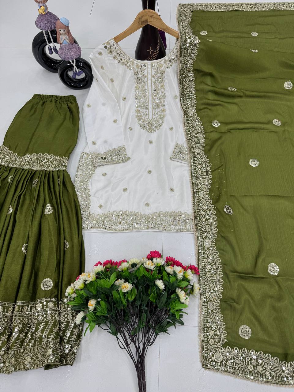 Party Wear Mahendi Green Color Heavy Chinon With Embroidered Sequence Work Designer Sharara Suit