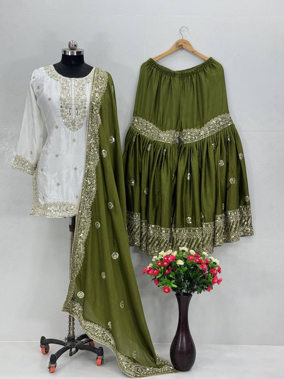Party Wear Mahendi Green Color Heavy Chinon With Embroidered Sequence Work Designer Sharara Suit